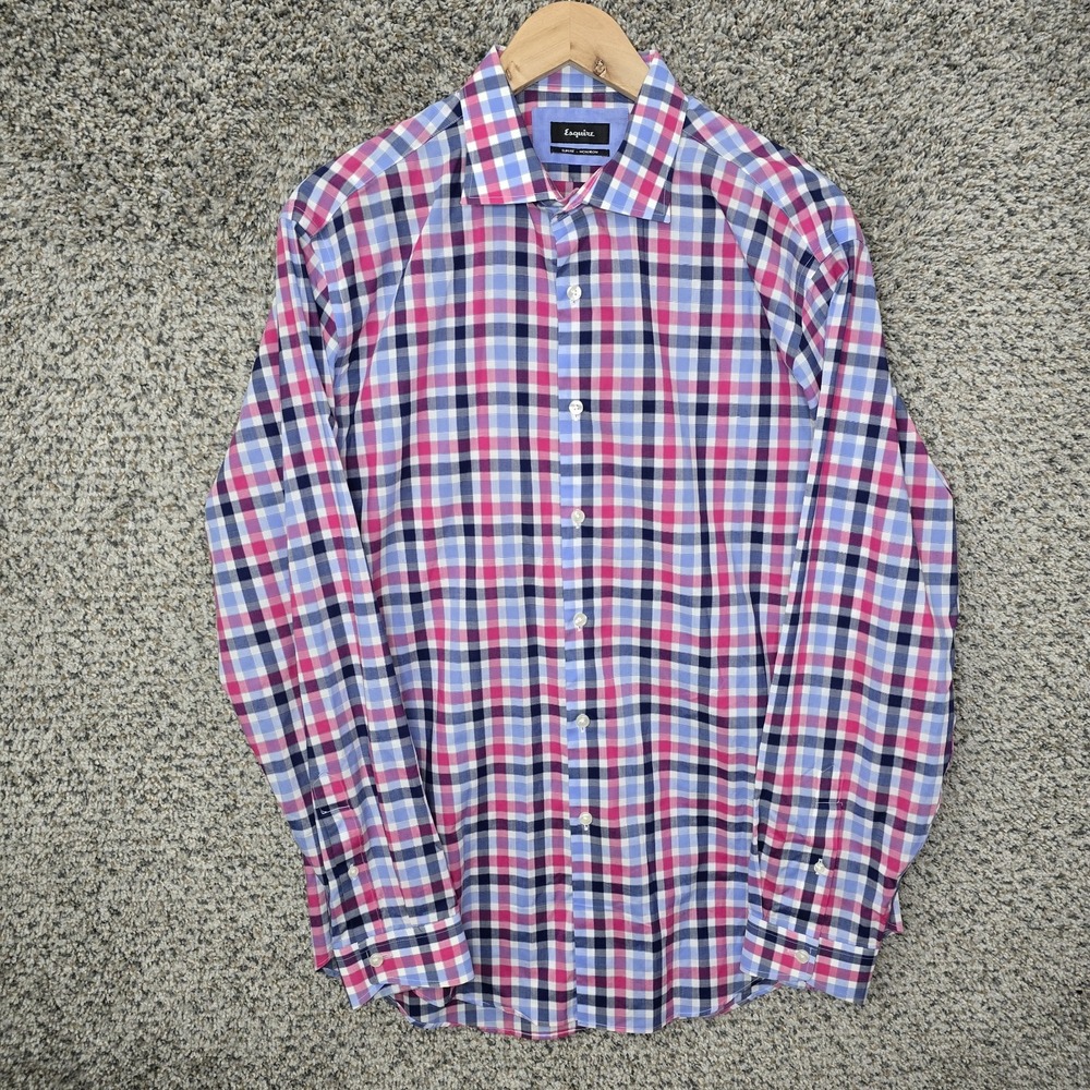 Esquire Dress Shirt Mens 16.5 34 35 Button Up Slim Fit Non Iron‎ Cotton Plaid